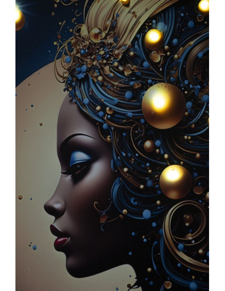 Toile murale lumineuse LED Femme africaine Cadre doré 60x90 Finition laquée Minerva B 