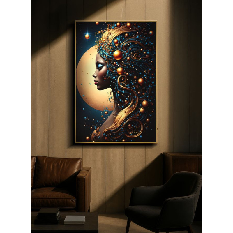 Toile murale lumineuse LED Femme africaine Cadre doré 60x90 Finition laquée Minerva B 
