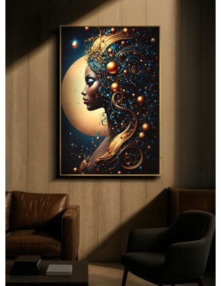 Toile murale lumineuse LED Femme africaine Cadre doré 60x90 Finition laquée Minerva B 