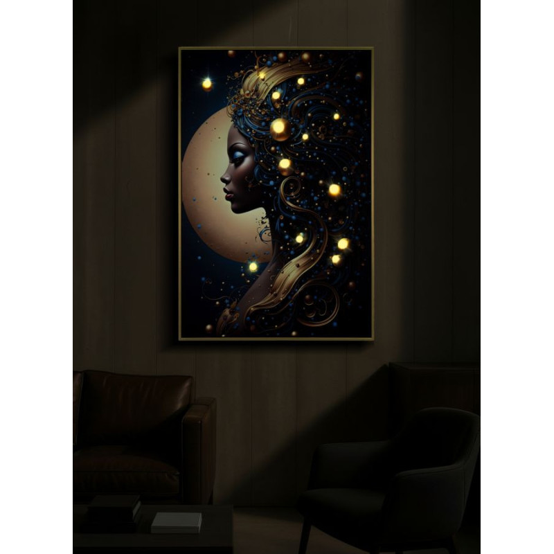 Toile murale lumineuse LED Femme africaine Cadre doré 60x90 Finition laquée Minerva B 