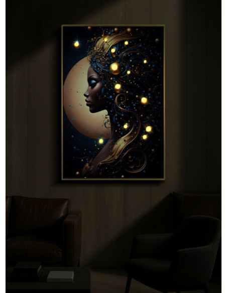 Toile murale lumineuse LED Femme africaine Cadre doré 60x90 Finition laquée Minerva B 
