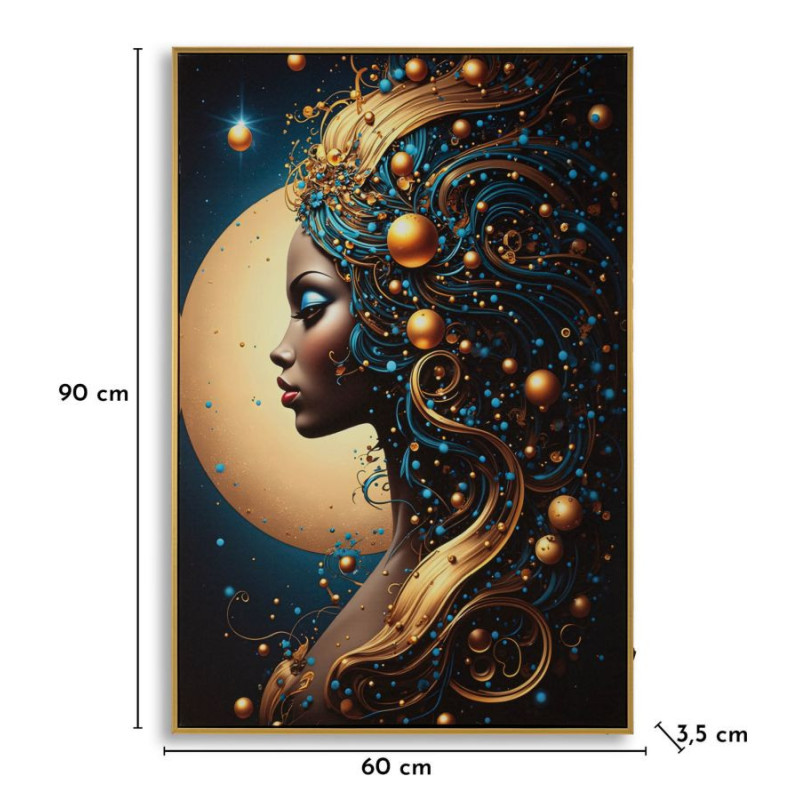 Toile murale lumineuse LED Femme africaine Cadre doré 60x90 Finition laquée Minerva B 