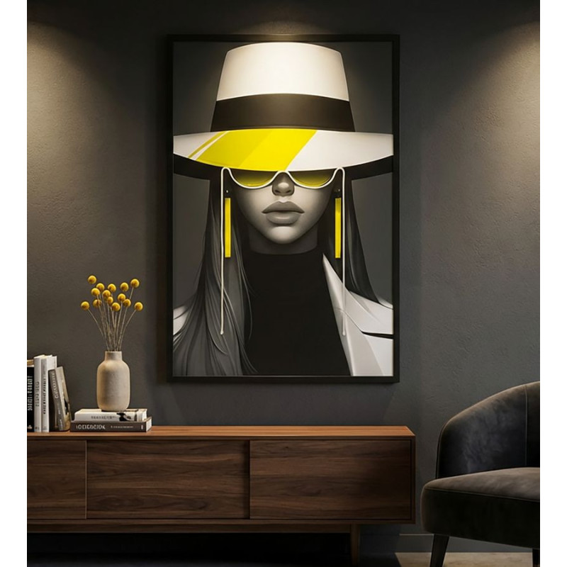 Grande Toile murale lumineuse LED Pop art Femme chic Cadre noir 80x120 Margot 