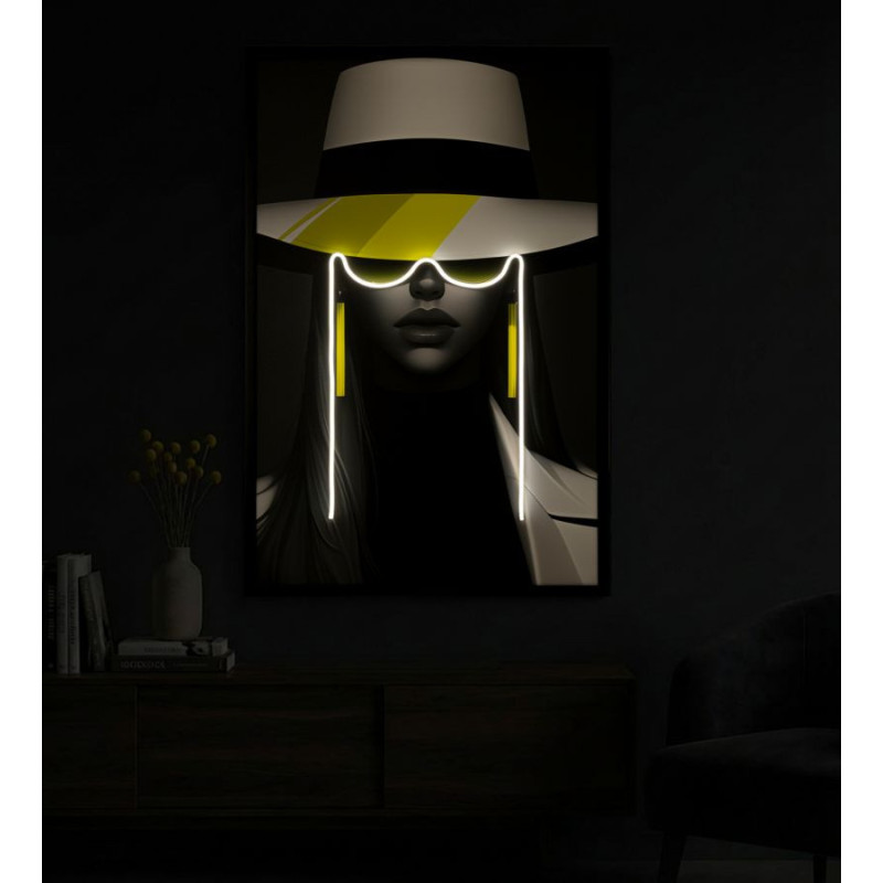 Grande Toile murale lumineuse LED Pop art Femme chic Cadre noir 80x120 Margot 