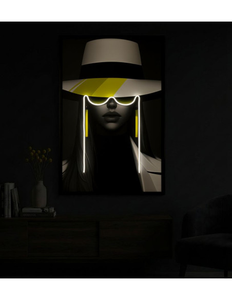 Grande Toile murale lumineuse LED Pop art Femme chic Cadre noir 80x120 Margot 