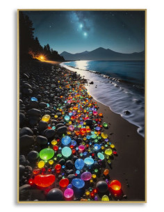 Toile murale Plage nocturne avec strass Cadre doré 60x90 Finition laquée Colors B 