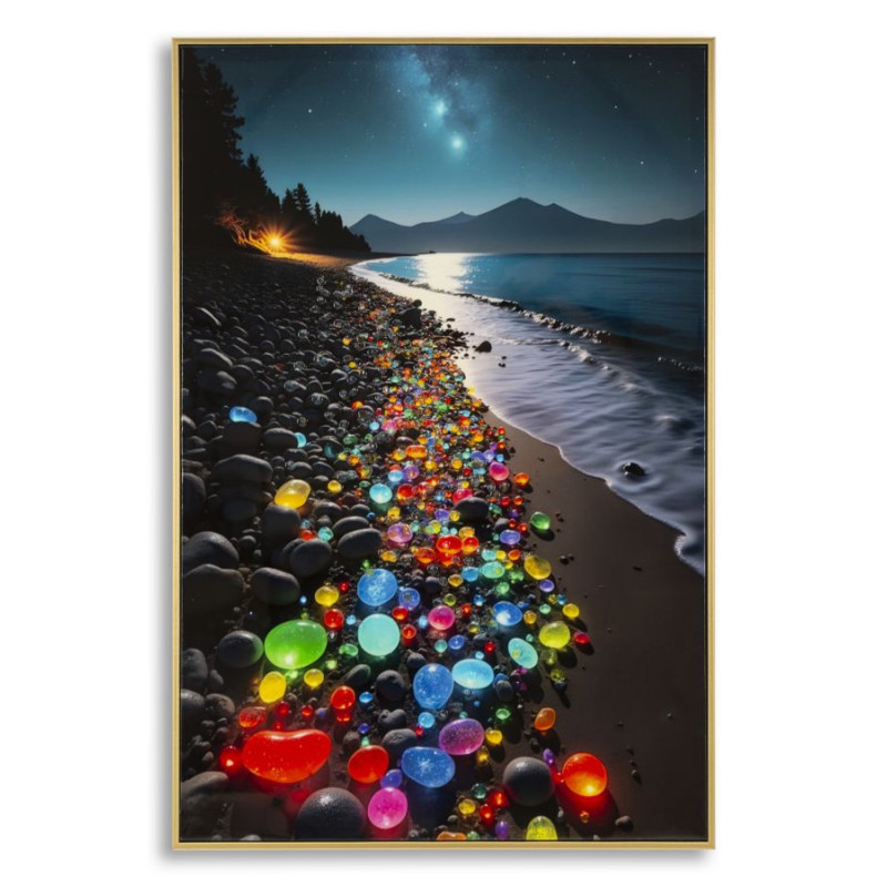Toile murale Plage nocturne avec strass Cadre doré 60x90 Finition laquée Colors B 