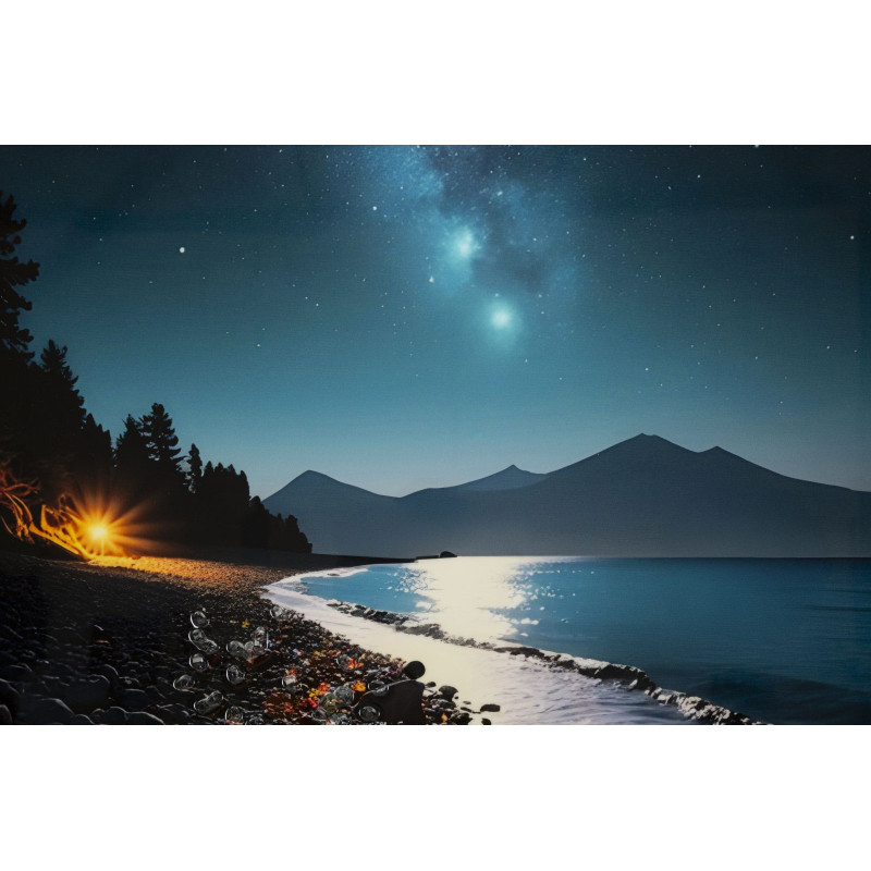 Toile murale Plage nocturne avec strass Cadre doré 60x90 Finition laquée Colors B 