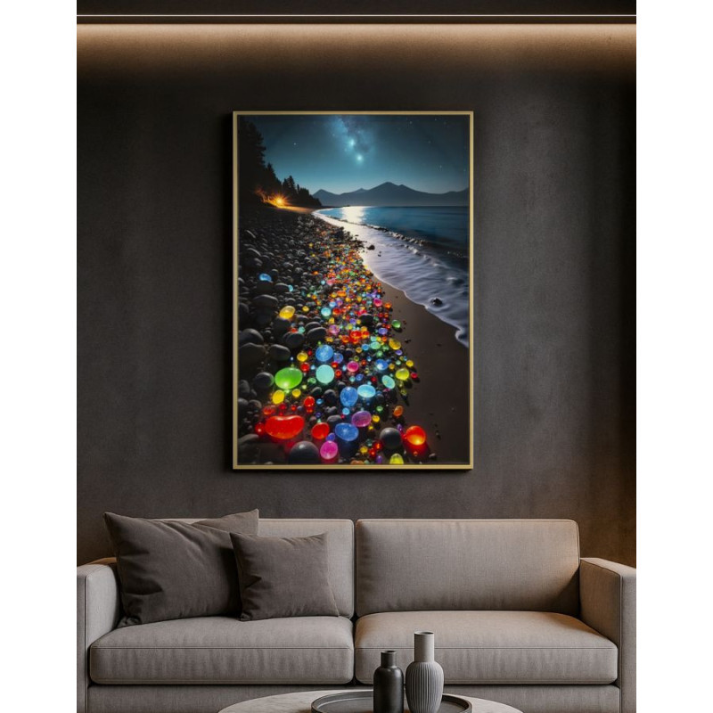 Toile murale Plage nocturne avec strass Cadre doré 60x90 Finition laquée Colors B 