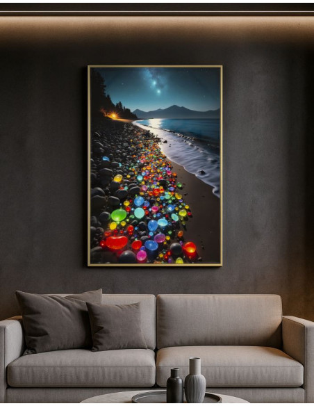 Toile murale Plage nocturne avec strass Cadre doré 60x90 Finition laquée Colors B 