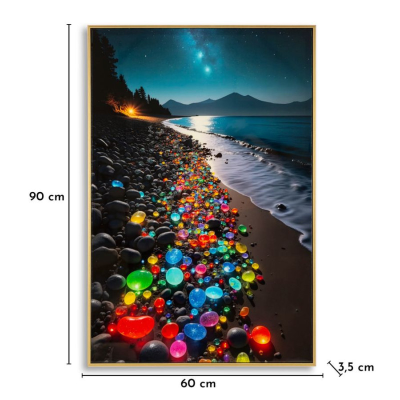 Toile murale Plage nocturne avec strass Cadre doré 60x90 Finition laquée Colors B 