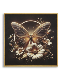Toile murale lumineuse LED Papillon & Fleurs Cadre doré 50x50 Finition laquée Butterfly 
