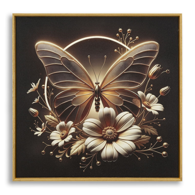 Toile murale lumineuse LED Papillon & Fleurs Cadre doré 50x50 Finition laquée Butterfly 