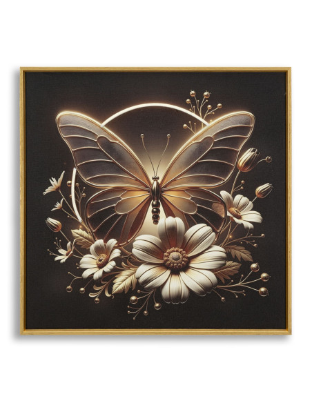 Toile murale lumineuse LED Papillon & Fleurs Cadre doré 50x50 Finition laquée Butterfly 