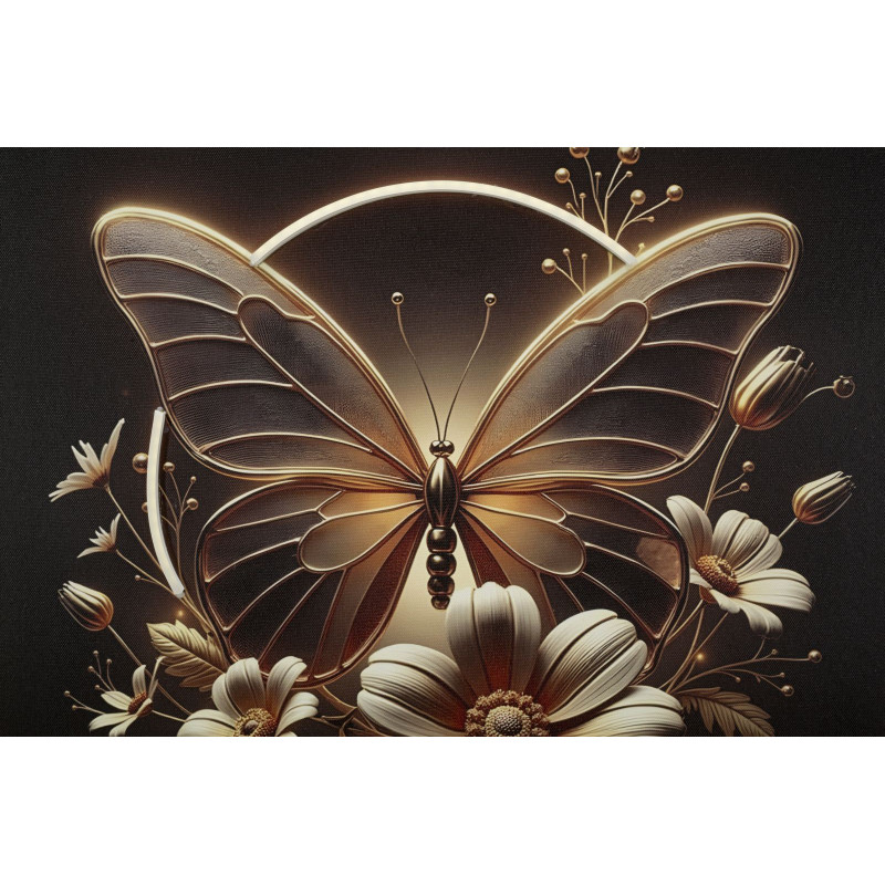 Toile murale lumineuse LED Papillon & Fleurs Cadre doré 50x50 Finition laquée Butterfly 