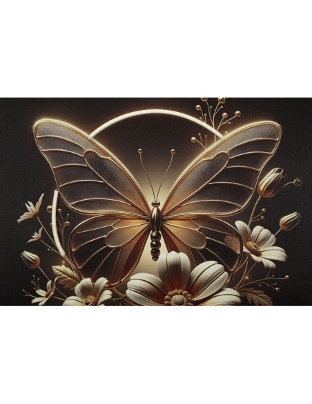 Toile murale lumineuse LED Papillon & Fleurs Cadre doré 50x50 Finition laquée Butterfly 