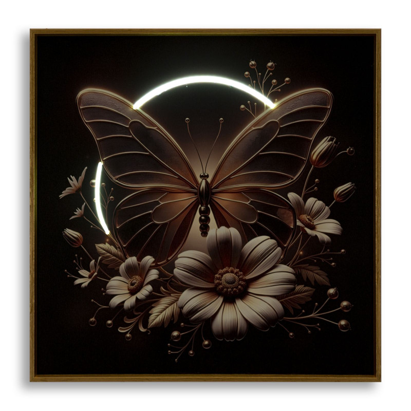 Toile murale lumineuse LED Papillon & Fleurs Cadre doré 50x50 Finition laquée Butterfly 