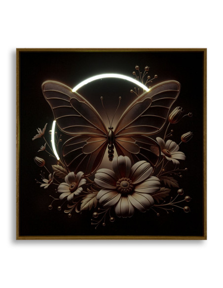 Toile murale lumineuse LED Papillon & Fleurs Cadre doré 50x50 Finition laquée Butterfly 