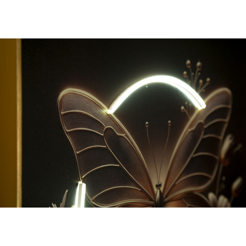 Toile murale lumineuse LED Papillon & Fleurs Cadre doré 50x50 Finition laquée Butterfly 