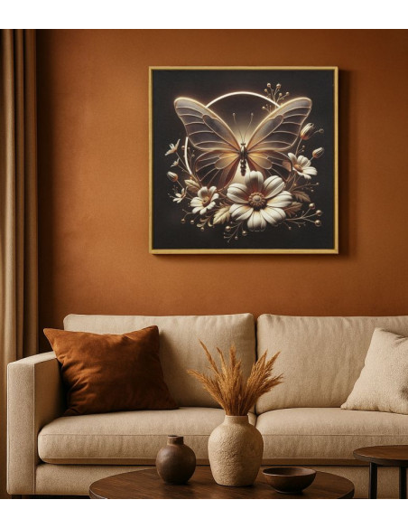 Toile murale lumineuse LED Papillon & Fleurs Cadre doré 50x50 Finition laquée Butterfly 