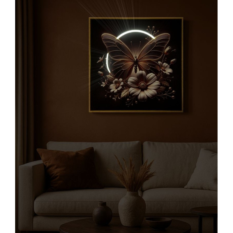 Toile murale lumineuse LED Papillon & Fleurs Cadre doré 50x50 Finition laquée Butterfly 