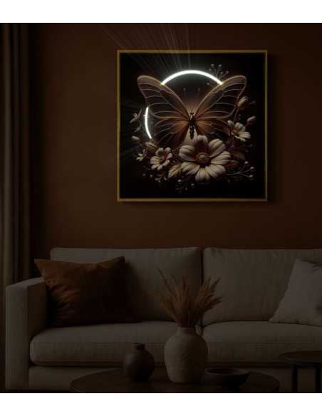 Toile murale lumineuse LED Papillon & Fleurs Cadre doré 50x50 Finition laquée Butterfly 