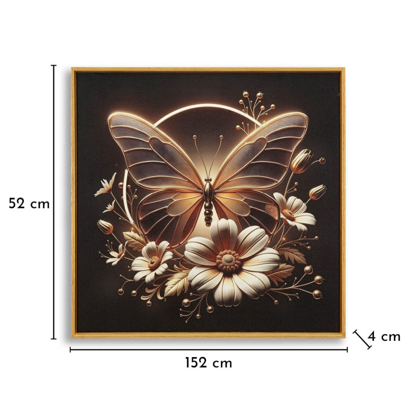 Toile murale lumineuse LED Papillon & Fleurs Cadre doré 50x50 Finition laquée Butterfly 