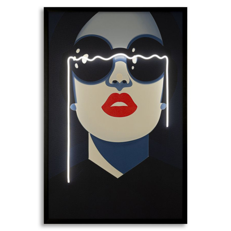 Grande Toile murale lumineuse LED Femme Lunettes Cadre noir 80x120 Cacille 
