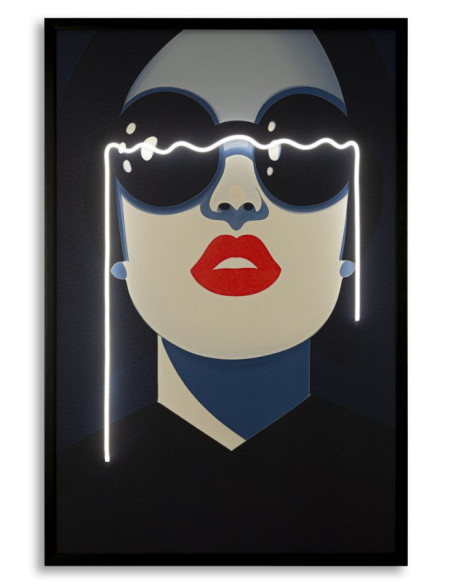 Grande Toile murale lumineuse LED Femme Lunettes Cadre noir 80x120 Cacille 