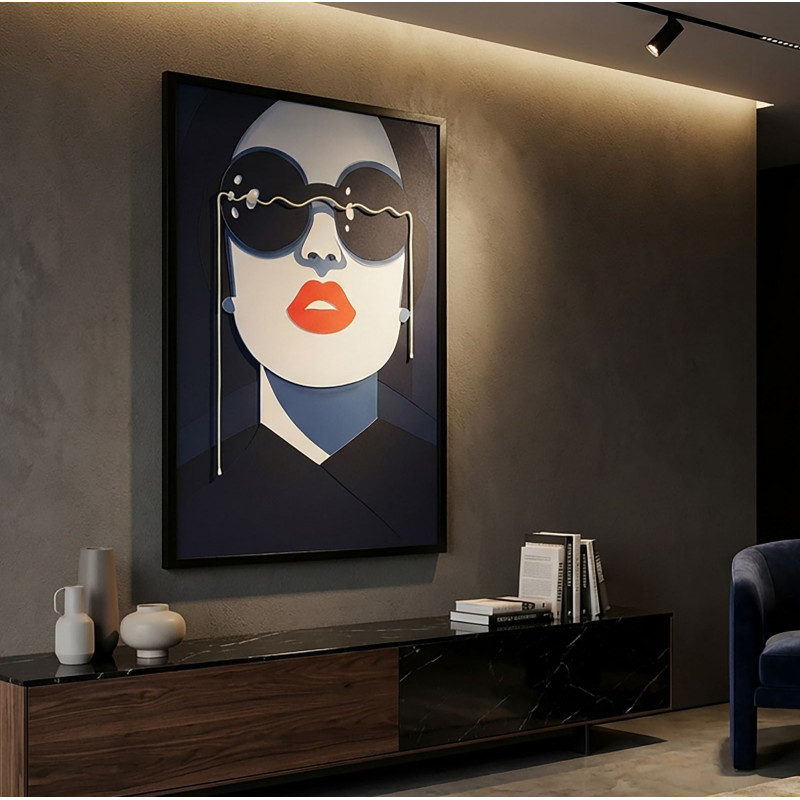Grande Toile murale lumineuse LED Femme Lunettes Cadre noir 80x120 Cacille 