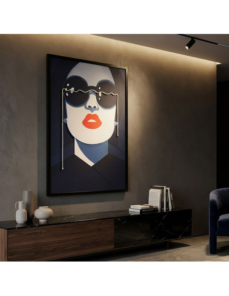 Grande Toile murale lumineuse LED Femme Lunettes Cadre noir 80x120 Cacille 