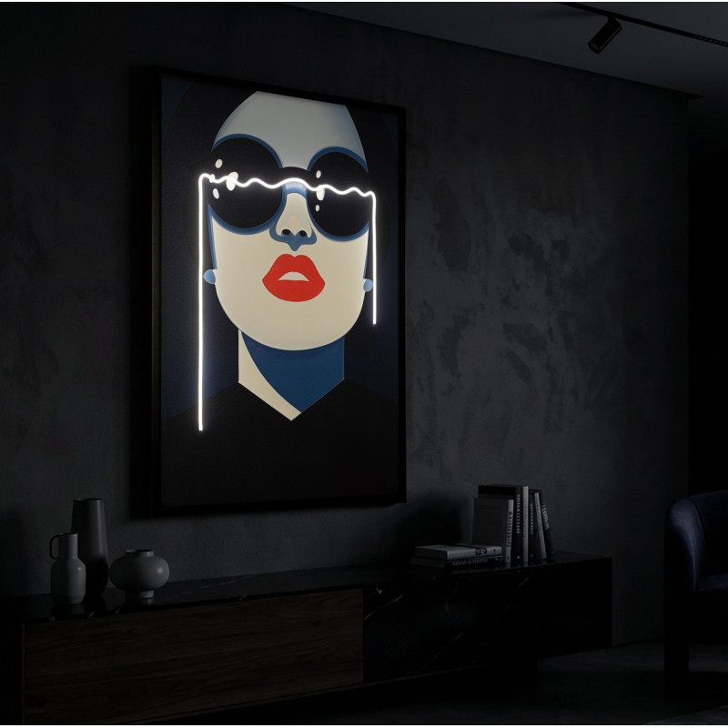 Grande Toile murale lumineuse LED Femme Lunettes Cadre noir 80x120 Cacille 