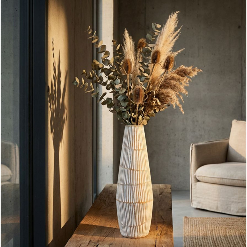 Grand Vase Style ethnique Conique H 47 cm Résine Blanc Patiné Hanoi 