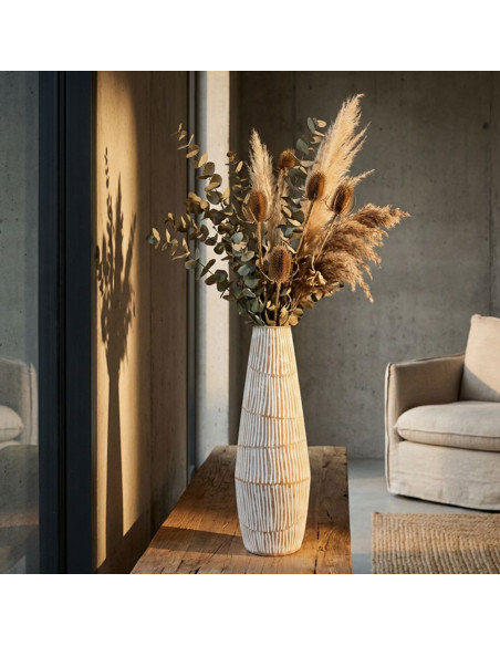 Grand Vase Style ethnique Conique H 47 cm Résine Blanc Patiné Hanoi 