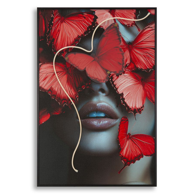 Toile murale lumineuse LED Femme papillons Cadre noir 60x90 Finition 3D Butterflies 