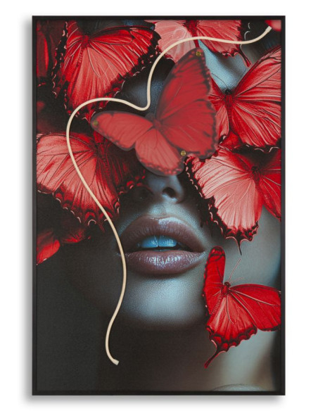 Toile murale lumineuse LED Femme papillons Cadre noir 60x90 Finition 3D Butterflies 