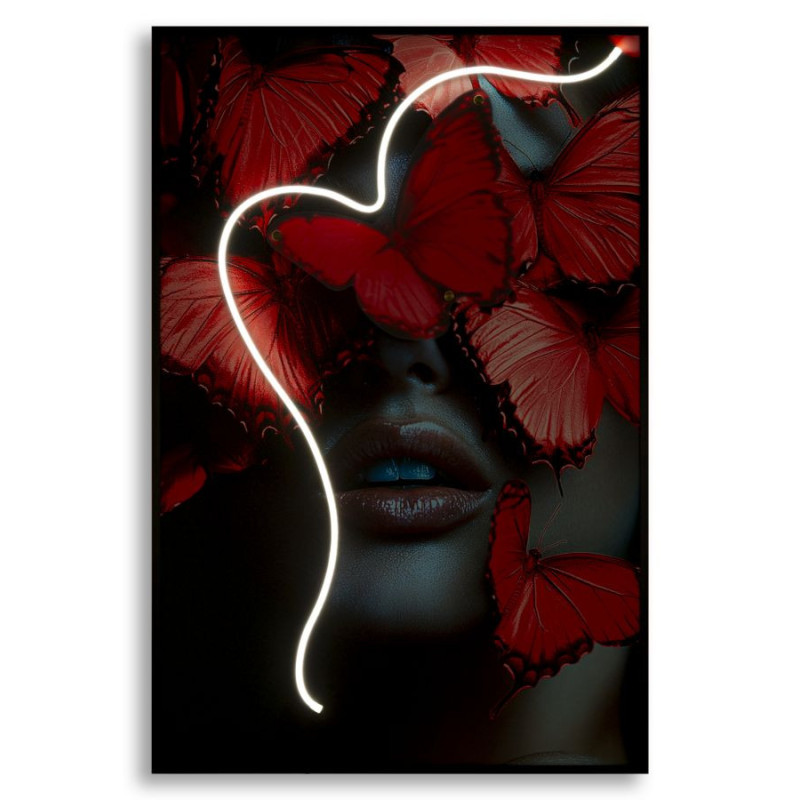 Toile murale lumineuse LED Femme papillons Cadre noir 60x90 Finition 3D Butterflies 