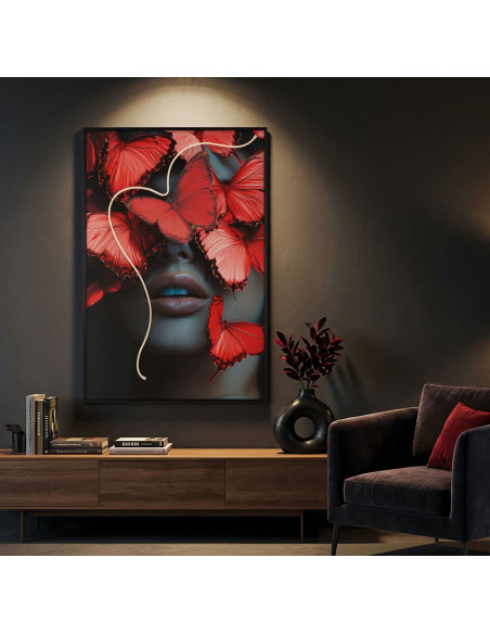 Toile murale lumineuse LED Femme papillons Cadre noir 60x90 Finition 3D Butterflies 