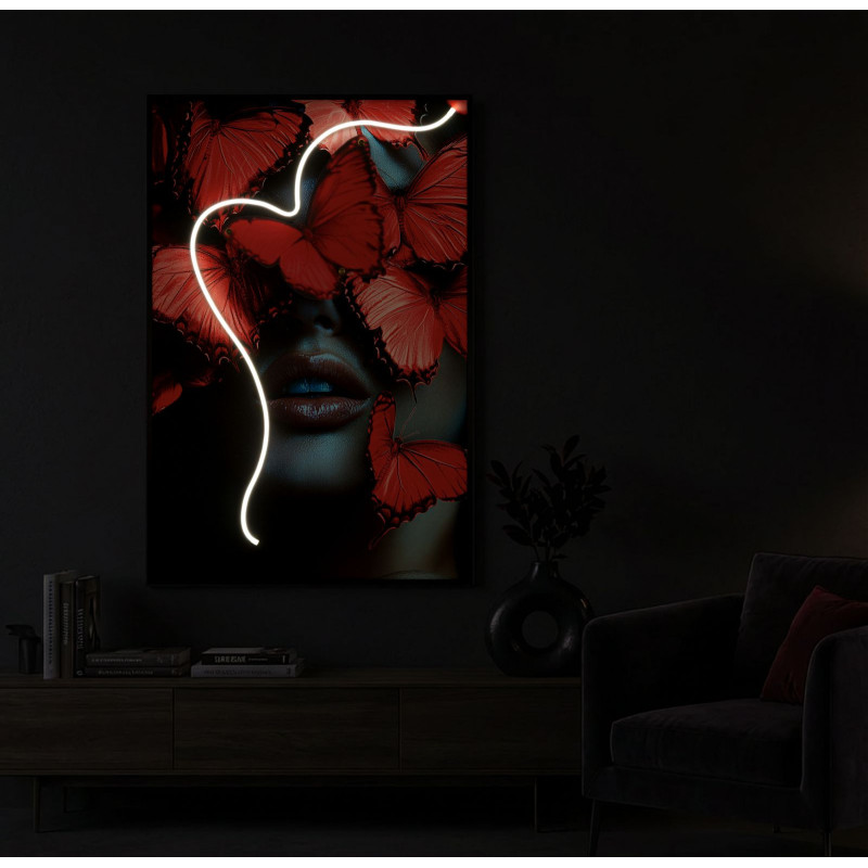 Toile murale lumineuse LED Femme papillons Cadre noir 60x90 Finition 3D Butterflies 