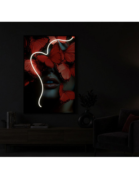 Toile murale lumineuse LED Femme papillons Cadre noir 60x90 Finition 3D Butterflies 