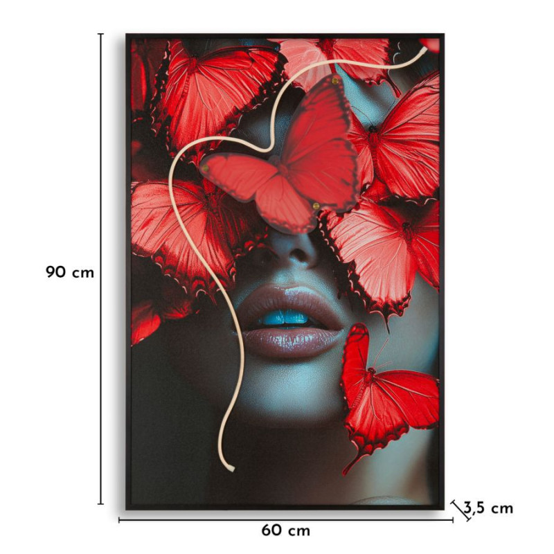 Toile murale lumineuse LED Femme papillons Cadre noir 60x90 Finition 3D Butterflies 