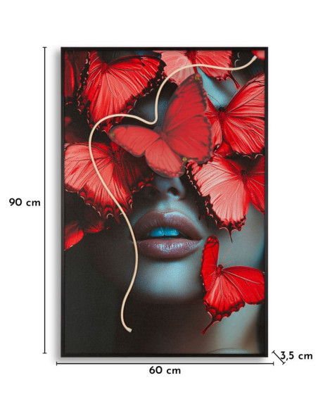 Toile murale lumineuse LED Femme papillons Cadre noir 60x90 Finition 3D Butterflies 