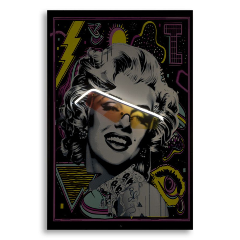 Toile murale lumineuse LED Pop art Cadre noir 60x90 Finition 3D Marilyn Monroe 