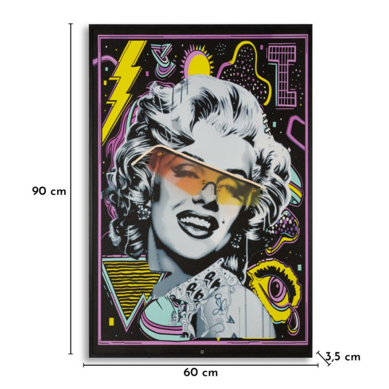 Toile murale lumineuse LED Pop art Cadre noir 60x90 Finition 3D Marilyn Monroe 
