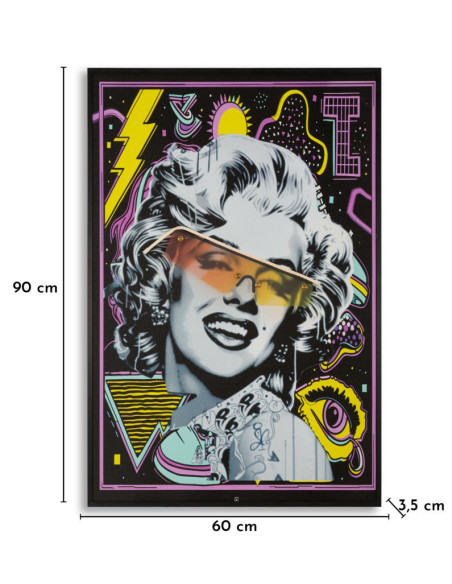Toile murale lumineuse LED Pop art Cadre noir 60x90 Finition 3D Marilyn Monroe 