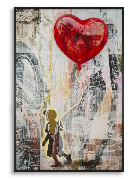 Toile murale lumineuse LED Pop art Enfant Ballon Coeur Cadre noir 60x90 Finition 3D Herat 