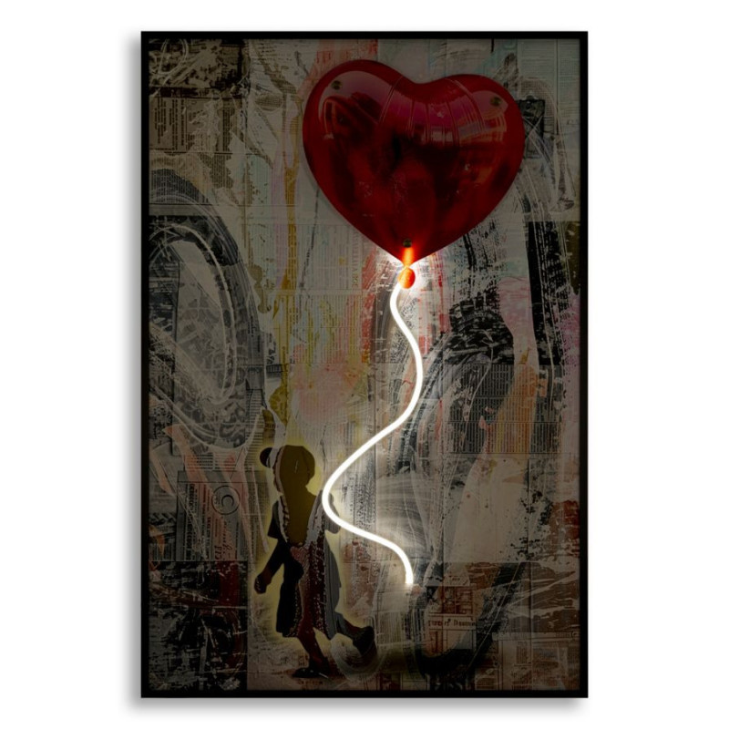 Toile murale lumineuse LED Pop art Enfant Ballon Coeur Cadre noir 60x90 Finition 3D Herat 