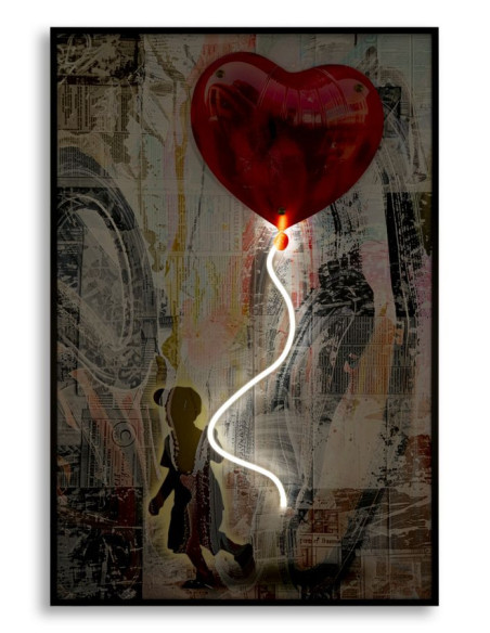 Toile murale lumineuse LED Pop art Enfant Ballon Coeur Cadre noir 60x90 Finition 3D Herat 