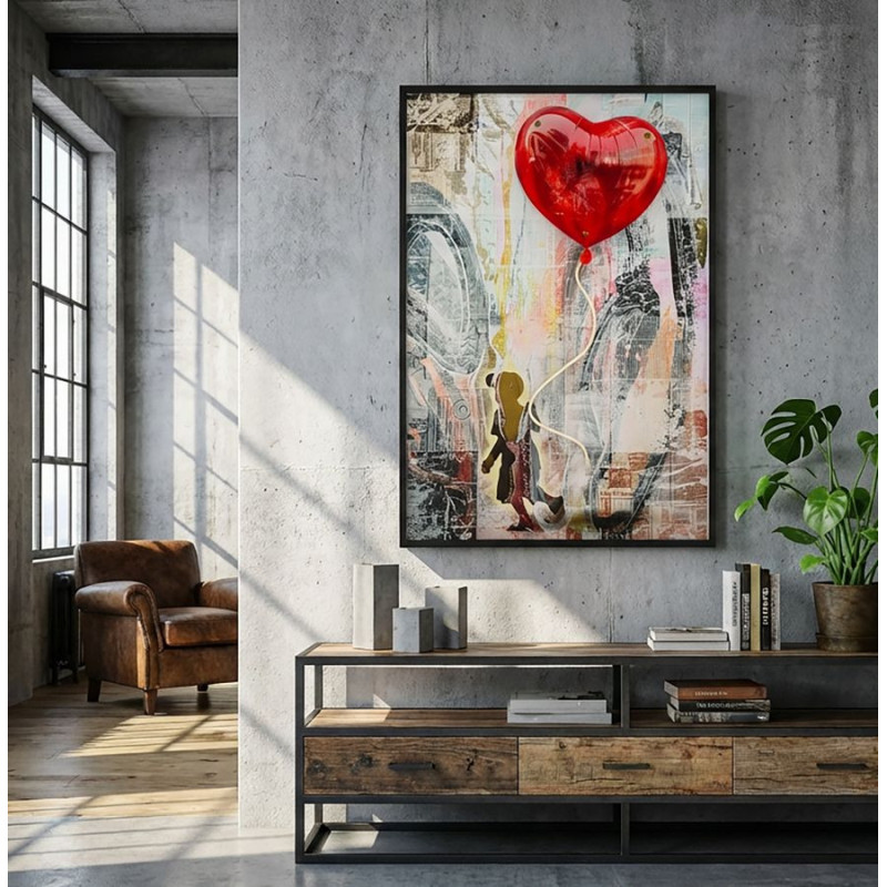 Toile murale lumineuse LED Pop art Enfant Ballon Coeur Cadre noir 60x90 Finition 3D Herat 