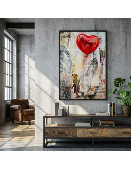 Toile murale lumineuse LED Pop art Enfant Ballon Coeur Cadre noir 60x90 Finition 3D Herat 